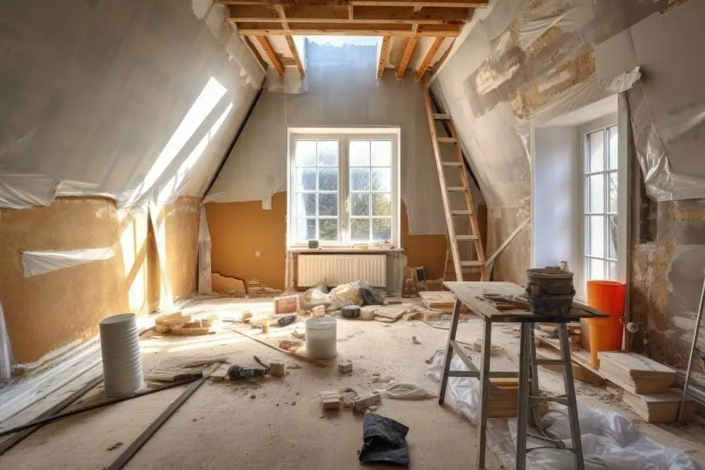 An attic room stripped back during a remodel, with a ladder and tools