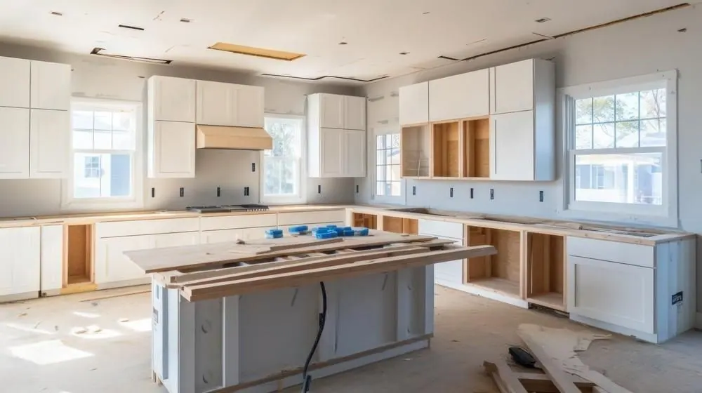 White kitchen cabinets and a center island mid-installation